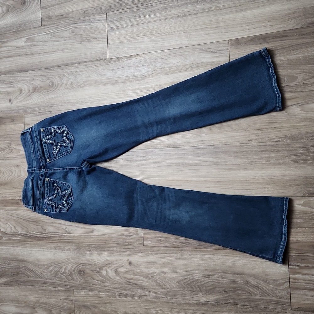 ❤Gemma Rae Denim Bootcut Mid Rise Stretchy Embellished Star Pockets Blue Jeans 9
